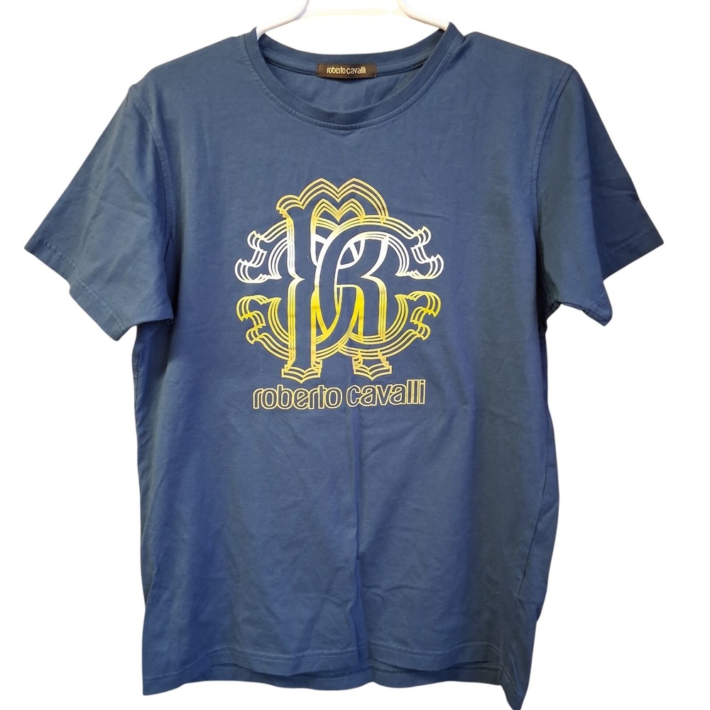 Roberto Cavalli Men's Blue Graphic‎ Logo SS Tee Cotton Designer EUC